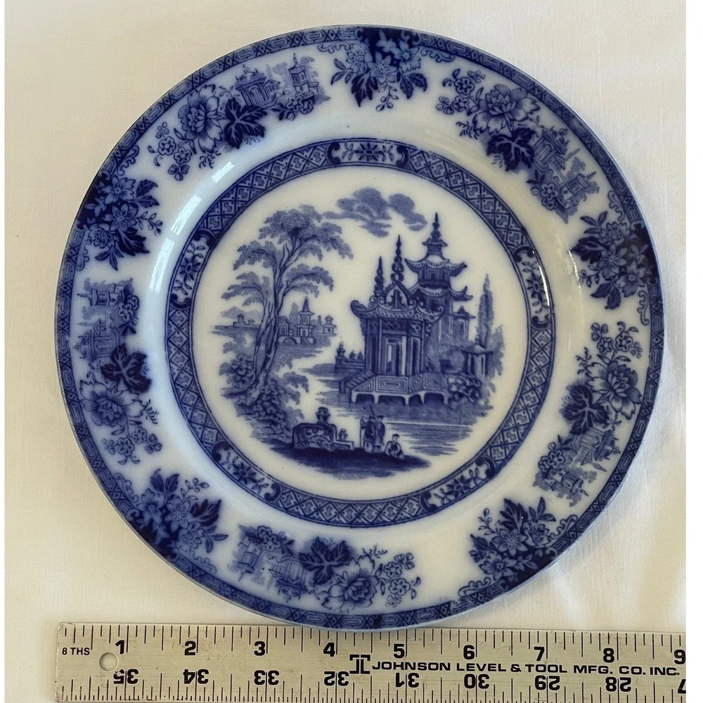 Antique Doulton Burslem Flow Blue Madras Plate England‎ Chinoiserie Pagoda 8.75”